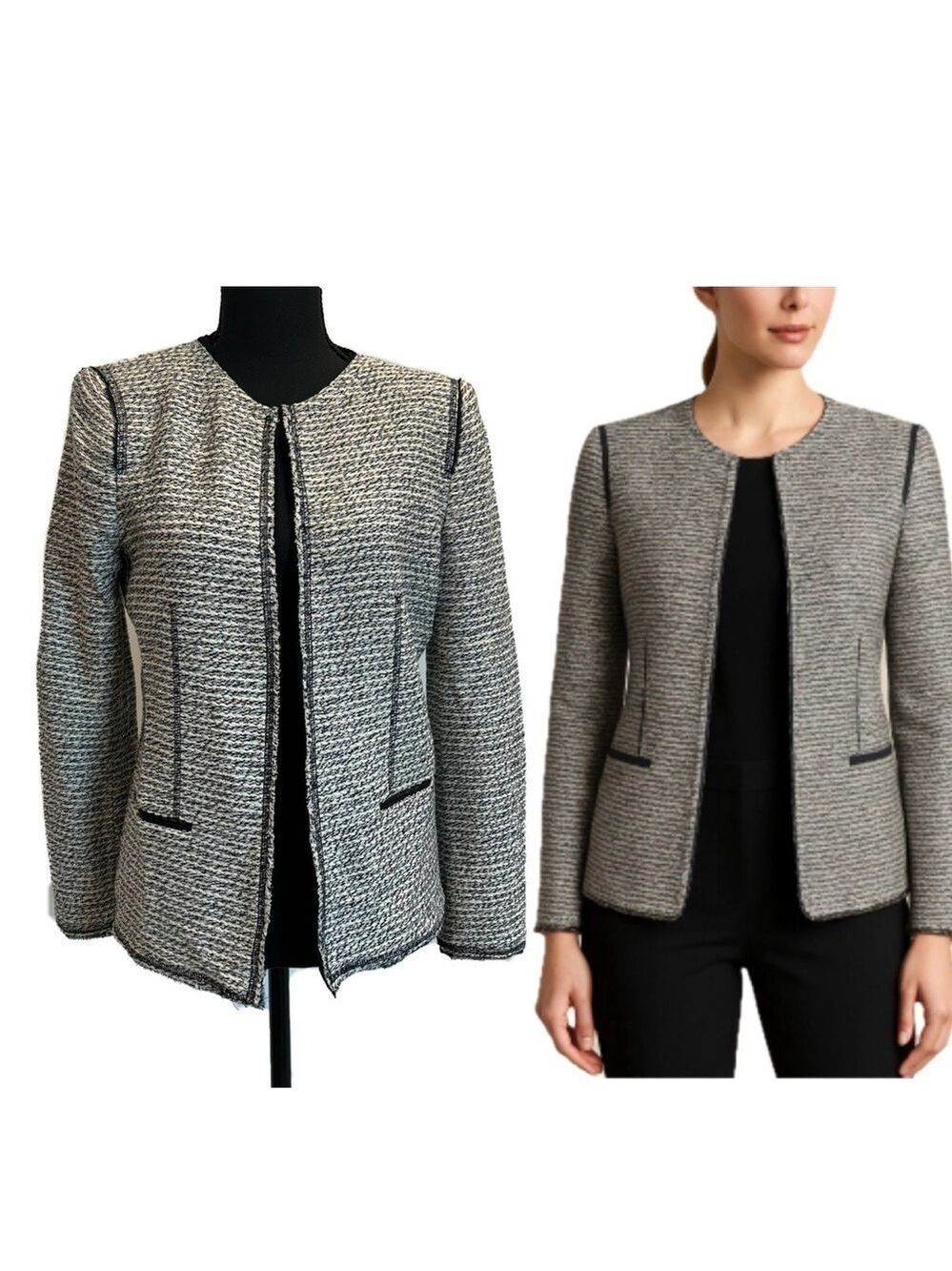Zara Ivory white black metallic silver tweed long sleeve open front blazer Sz M